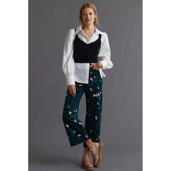 Maeve Pants - Maeve Pants 29 The Colette Cropped Wide Leg Corduroy Green Leopard Print Career
